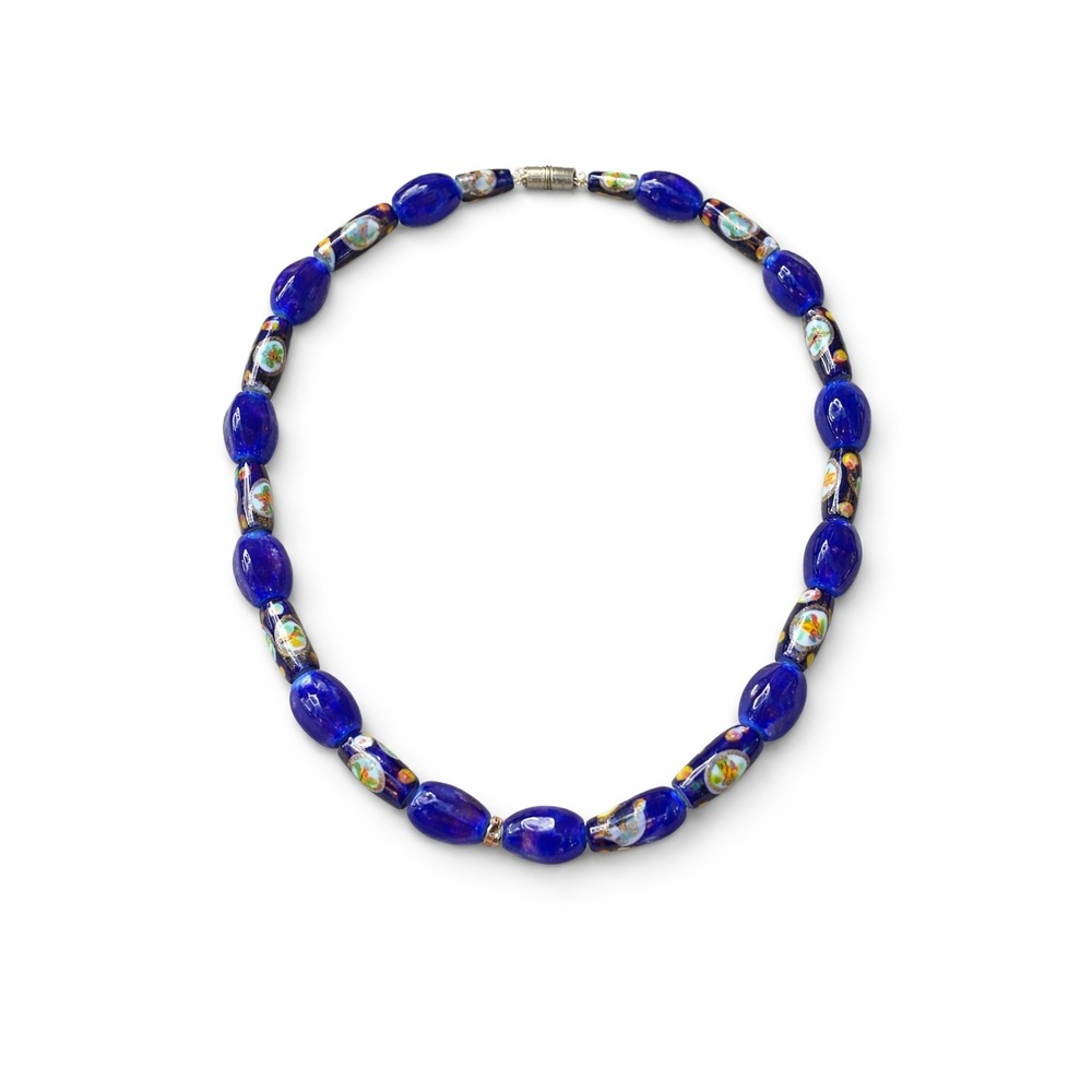 Vintage Blue Millefiori Glass Bead Necklace Murano Style Art Glass Barrel Clasp